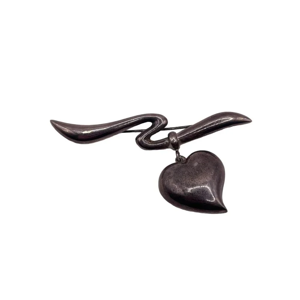 Vintage Sterling Silver 925 Puffy Dangle Heart Hollow Ribbon Brooch Pin 9g‎ MCM